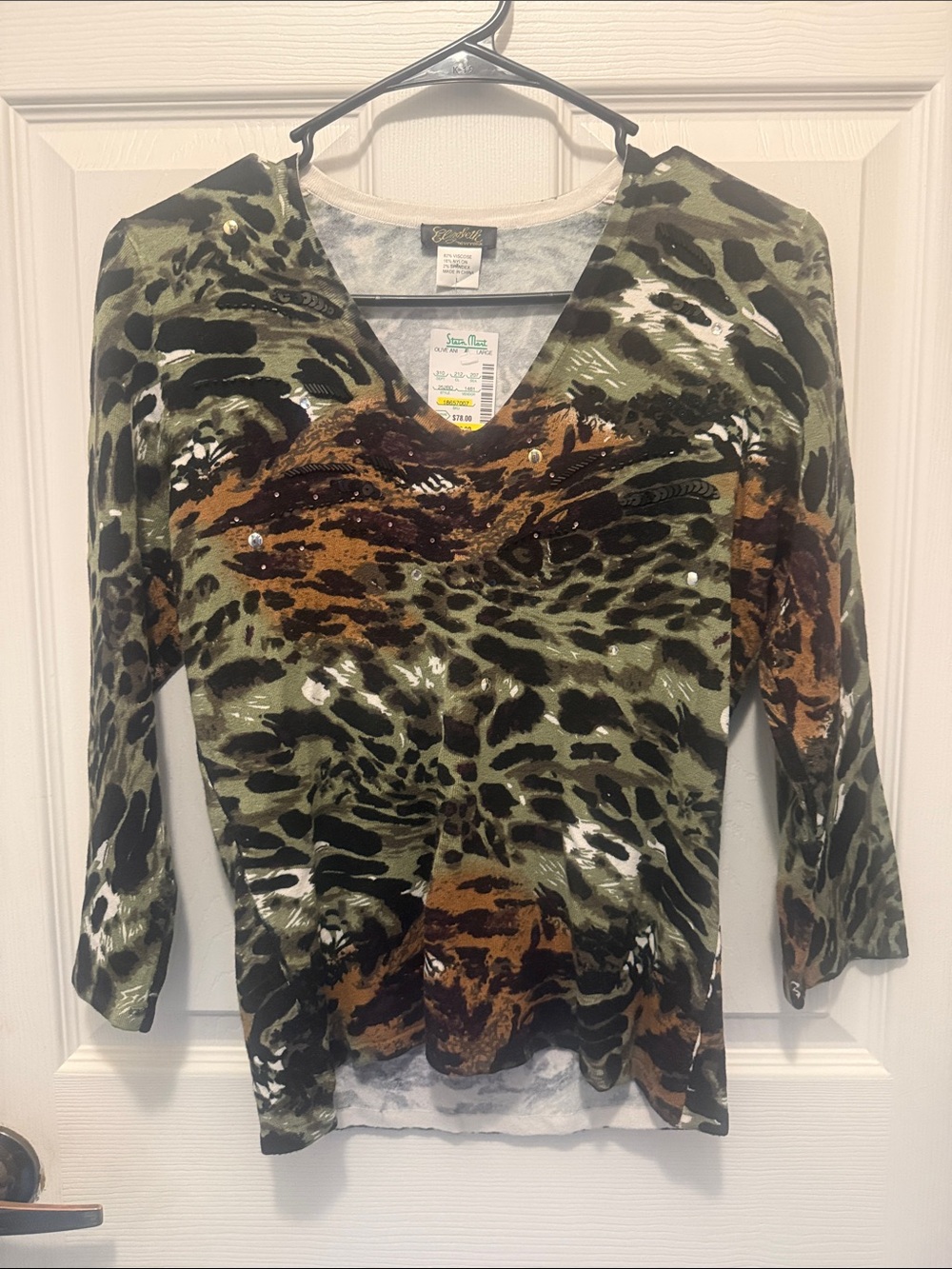 Animal Print V-Neck Long Sleeve Top in Olive Green and Brown